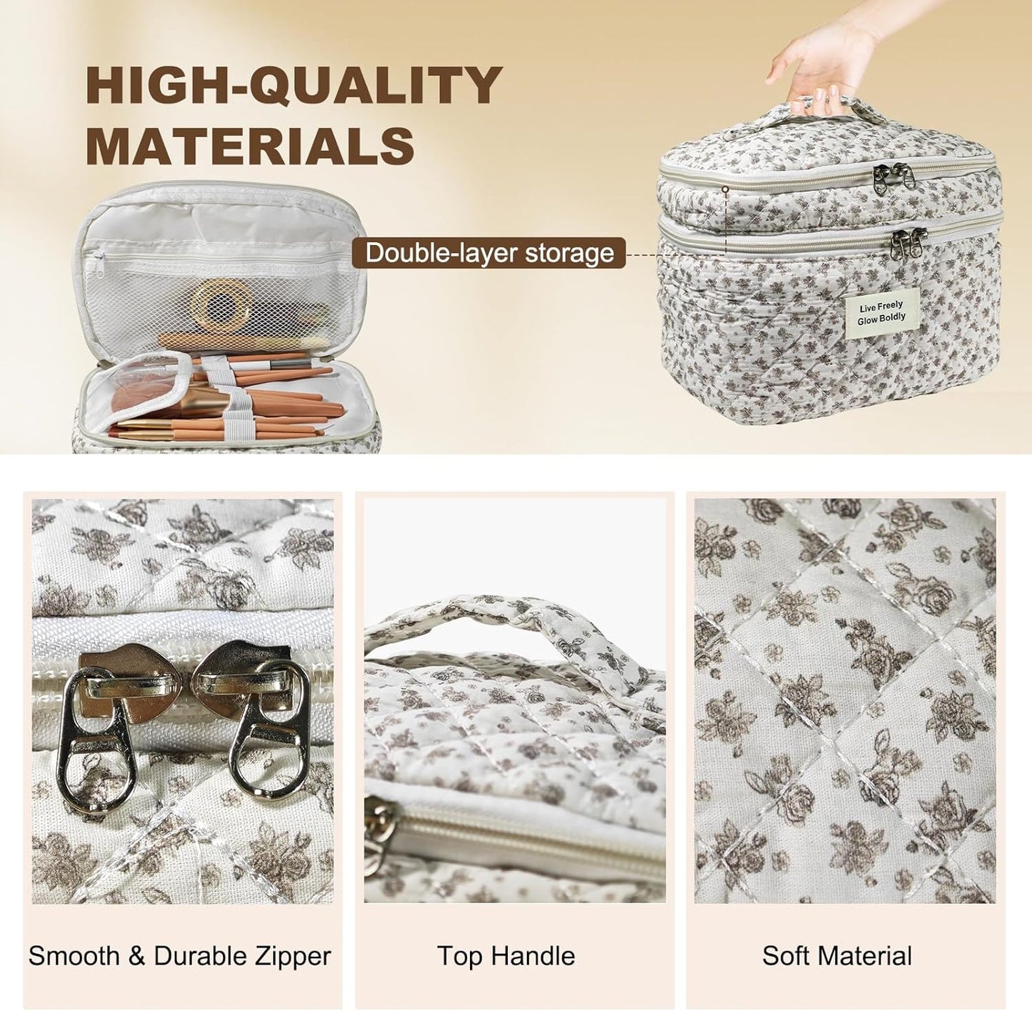 3Pcs Large Travel Quilted Makeup Bag, Double Layer Cute Floral Cotton Toiletry Bag, Aesthetic Flower Cosmetic Bag Coquette Skincare Organizer Bag for Women(75-BlackFloral)