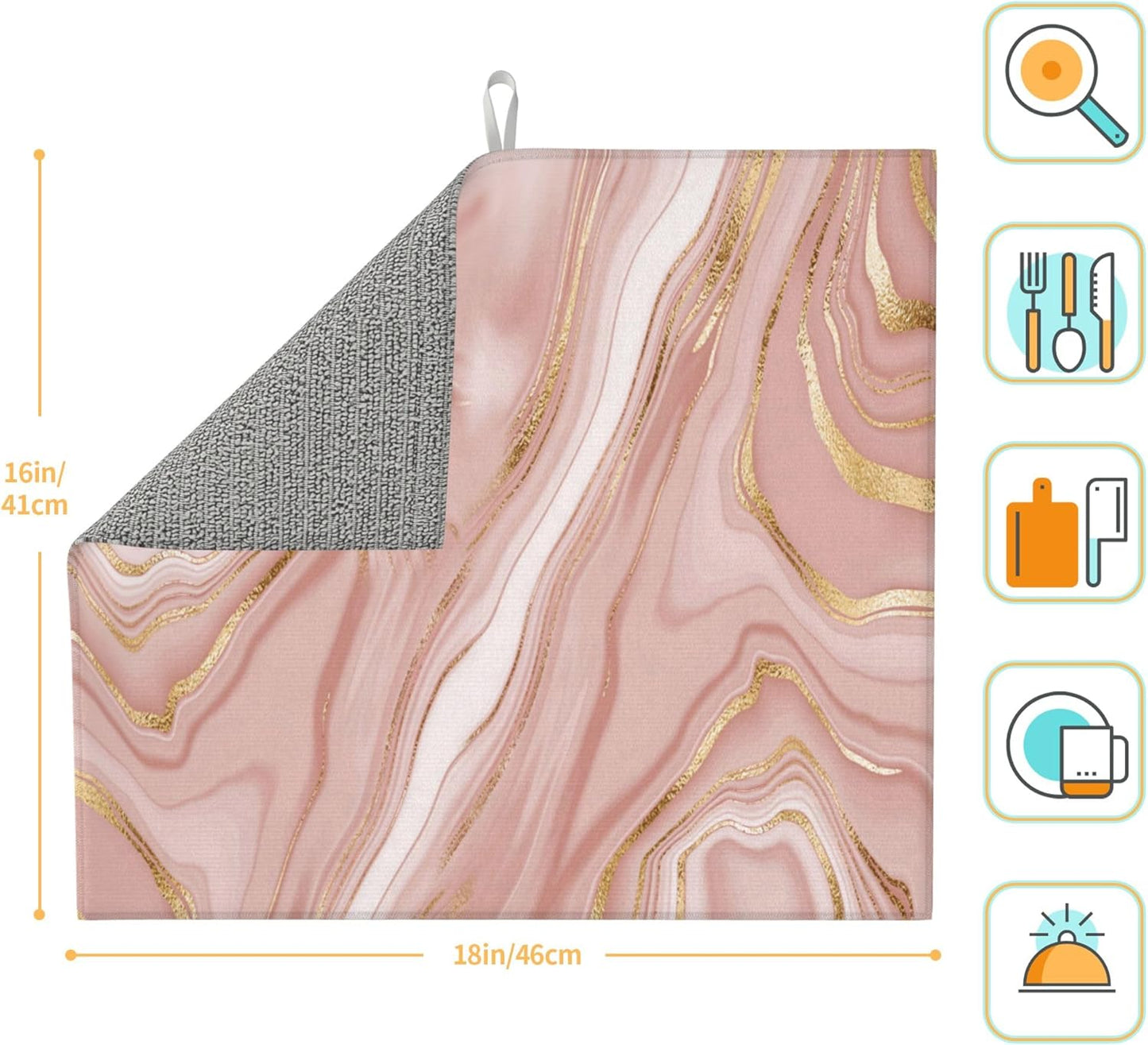 Pink Golden Marble Dish Drying Mat for Kitchen Counter Washable Absorbent Reversible Microfiber Rose Pink Modern Decorative Drying Pad Kitchen Accessories 16"x18"