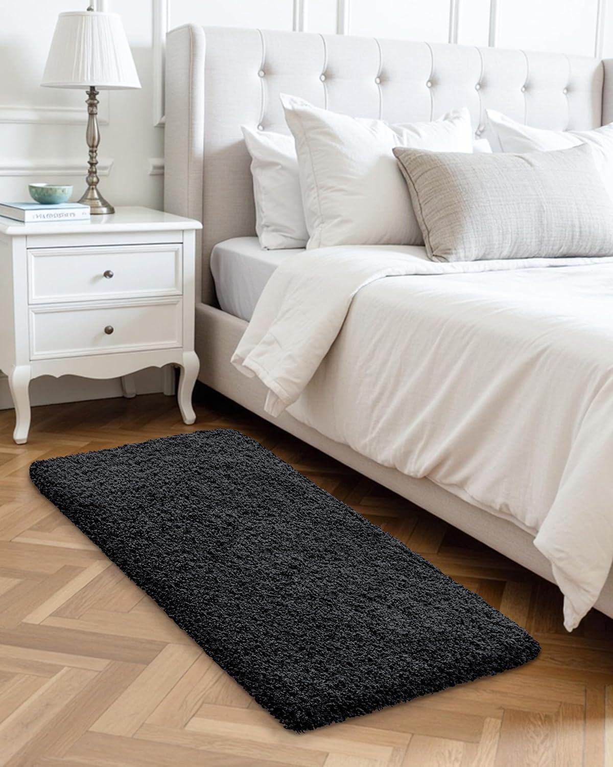 ILANGO Black Bathroom Rugs 70" × 24" Non Slip & Super Absorbent Thick Soft, Washable Bath Carpet Runner for Floor, Microfiber Plush Shaggy Bath Mats with Rubber for Bedroom Bathtub Shower Room