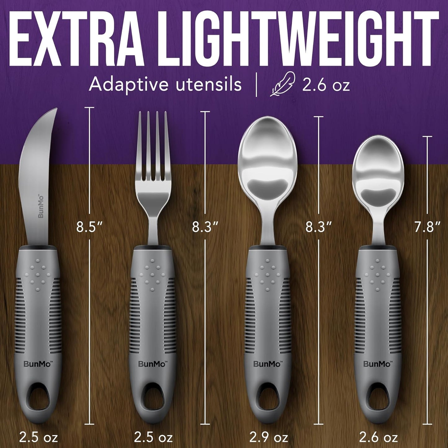 BUNMO Adaptive Utensils for Elderly, Tremors & Weak Hand Grips – 4pc Lightweight Assistive Silverware Set with Foam Easy Grip Handles – Discreet Canvas Travel Wrap – Dishwasher Safe