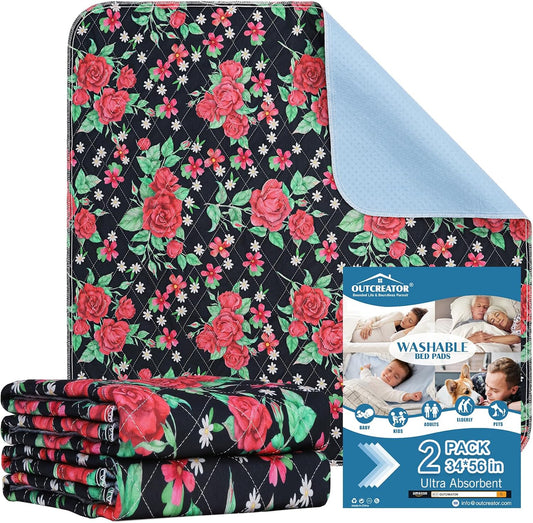 OUTCREATOR® Washable Bed Pads 56" x 34" (Pack of 2), Incontinence Mattress Protector, Anti-Slip Waterproof Underpads for Adults Kids Elderly Pets, Absorbency & Reusable Bedwetting Pads (Red Flower)