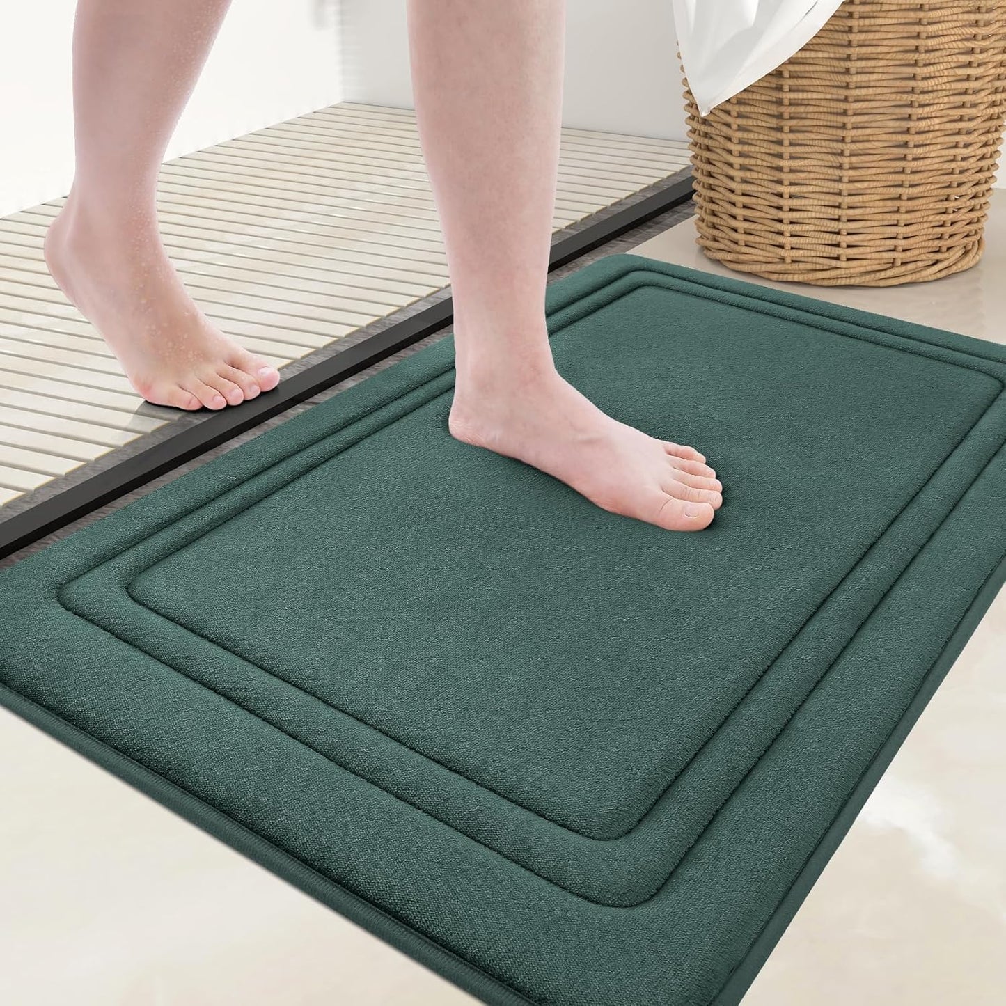 Grandaily Memory Foam Bath Mat Rug 30x20, Ultra Soft, Non-Slip and Absorbent Bathroom Rugs, Machine Wash Dry, Comfortable Bath Carpet for Bathroom Floor, Tub and Shower, Dark Green