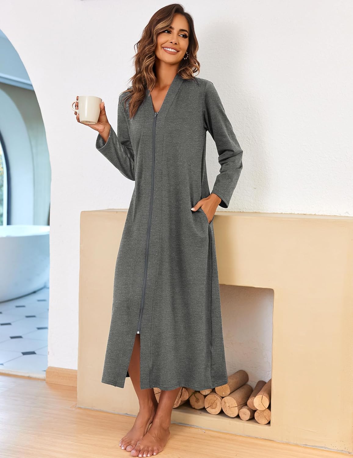 Ekouaer Women Zipper Robe Long Sleeve Loungewear Lightweight Housecoat Full Length Nightgown with Pockets