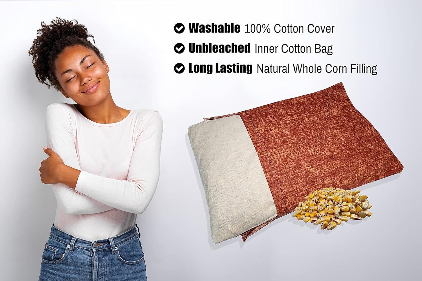 Microwavable Corn Filled Heating Pad and Cold Pack/Washable 100% Cotton Cover (Cross Hatch - Rust, 7.5in W x 11in L)