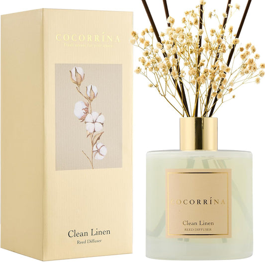 COCORRÍNA Reed Diffuser - Clean Linen 17 Fl.oz Reed Diffuser with 8 Sticks Scented Diffuser with Preserved Flowers for Bathroom Home Decor
