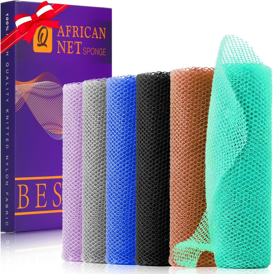 UJFQBH 6 Pieces African Bath Sponge African Net Long Net Bath Sponge Exfoliating Shower Body Scrubber Back Scrubber Skin Smoother,Great for Daily Use (Purple, Gray, Blue, Black, Brown, Green)