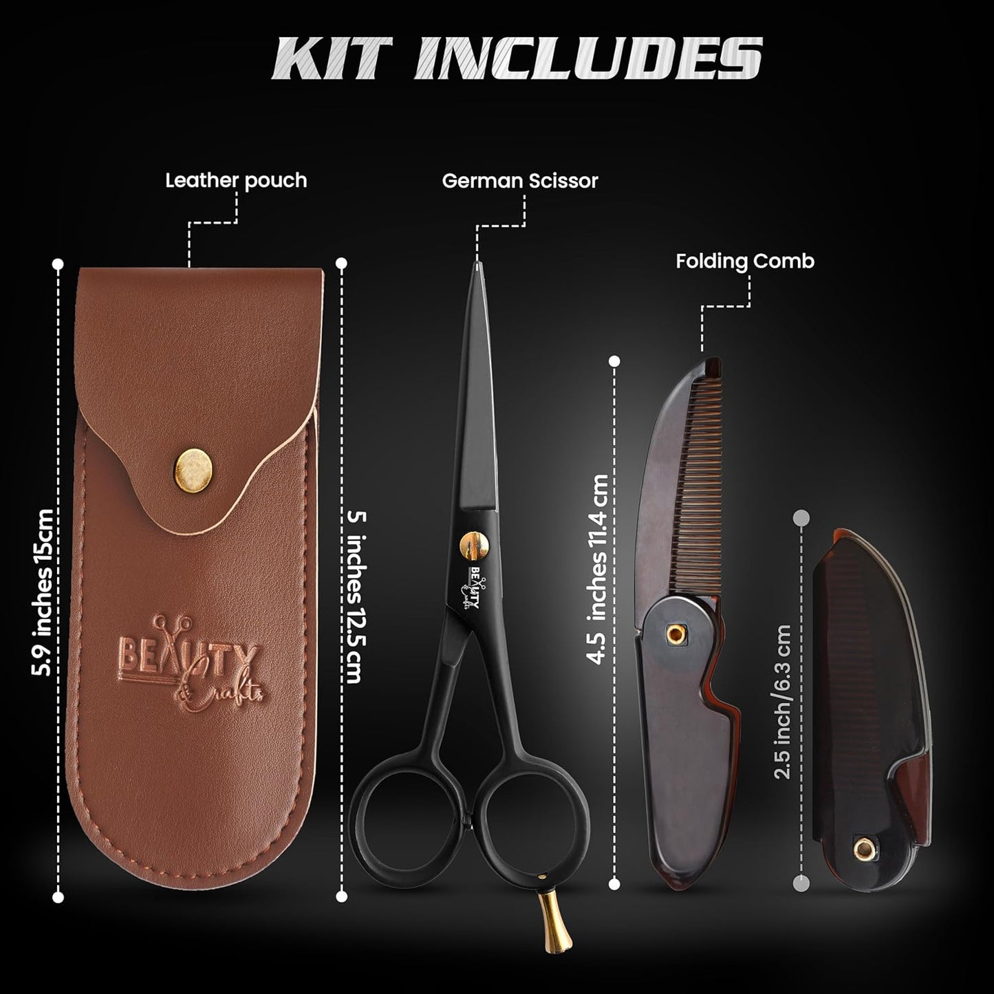 5'' German Beard Mustache Scissor- 2 Mustache Combs for Facial Hair with Beautiful Pouch -Beard Trimming Scissors for Grooming, Cutting, and Styling of Mustache (Black with Folding Comb)