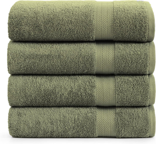 Lane Linen 100% Cotton 4 Pack Bath Towels (28"x54") - Zero Twist, Mercerized Cotton Bathroom Towels Set - Quick Dry, Very Soft & Absorbent Large Bath Towels - Tumble Dry Regains Fluffiness - Oil Green
