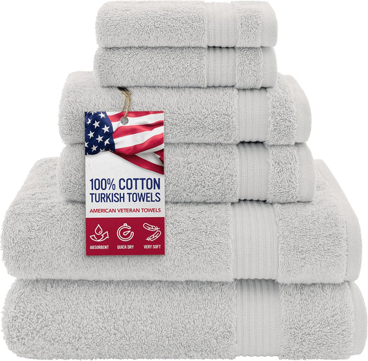 American Veteran Towel, 100% Cotton Turkish 6 Piece Towel Set, Luxury Towels Set of 6 for Bathroom Essentials, 2 Bath Towels 2 Hand Towels 2 Washcloths, Silver Grey