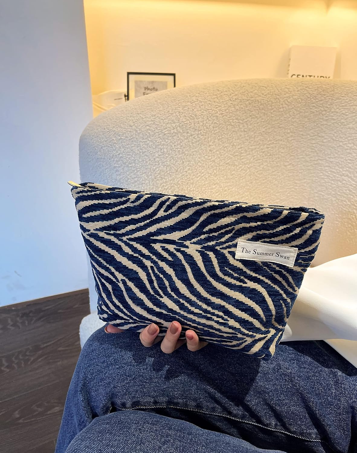The Summer Swan | Large Aesthetic Floral Mid-day Clutch Period Kit Hygiene Skincare Cute Makeup Bag (Velvet Zebra Print Navy)