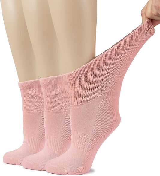 Hugh Ugoli Women's Cotton Diabetic Ankle Socks, Wide, Loose, Stretchy, Seamless Toe, Non Binding Top Semi Cushion, 3-6 Pairs