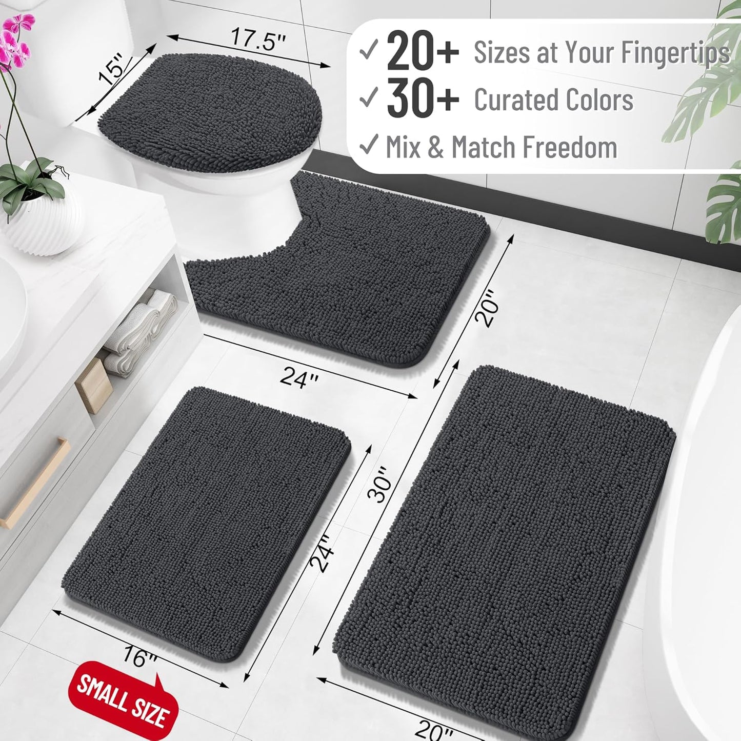 OLANLY Bathroom Rugs 34x21, Extra Soft Absorbent Chenille Bath Rugs, Rubber Backing Quick Dry, Machine Washable Bath Mats for Bathroom Floor, Tub and Shower, Home Decor Accessories, Dark Grey