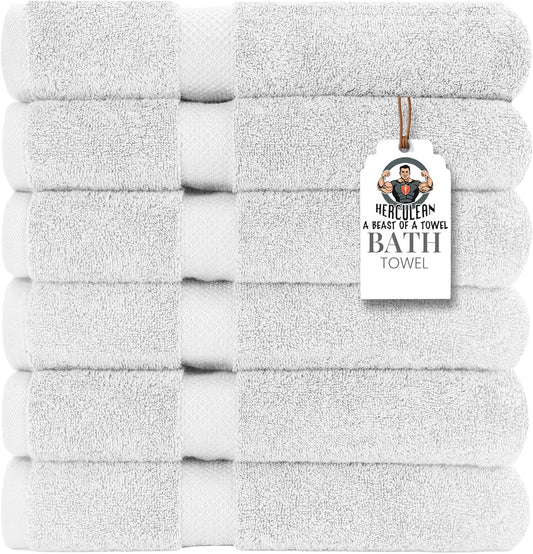 HERCULEAN Premium Bath Towels 24 x 48 Pack of 6 | Quick Dry and Highly Absorbent | 100% Cotton Terry Towels for Bathroom - Perfect for Shower - Pool and Spa - Luxury Soft Towels - White