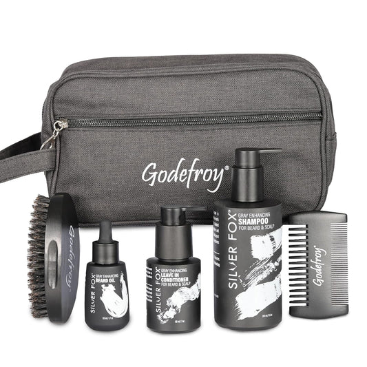 Godefroy Silver Fox Complete Men's Grooming Collection, Beard and Mustache Care Kit With Travel Bag, Gift For Men