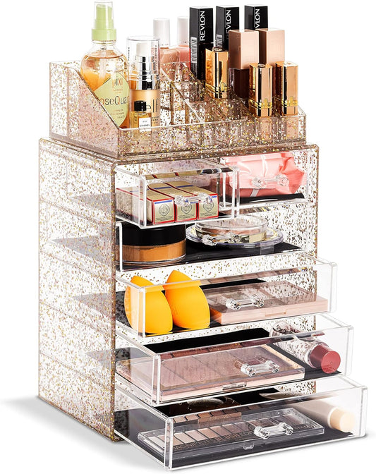 Sorbus Clear Cosmetic Makeup Organizer - Make Up & Jewelry Storage, Case & Display - Spacious Design - Great Holder for Dresser, Bathroom, Vanity & Countertop (4 Large, 2 Small Drawers) [Glitter]