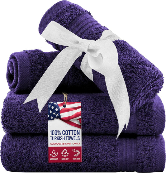 American Veteran Towel, 100% Cotton Turkish Washcloths for Bathroom Essentials 4 Pack, Soft Absorbent Wash Cloths Quick Drying Small Towels Washrags, Purple