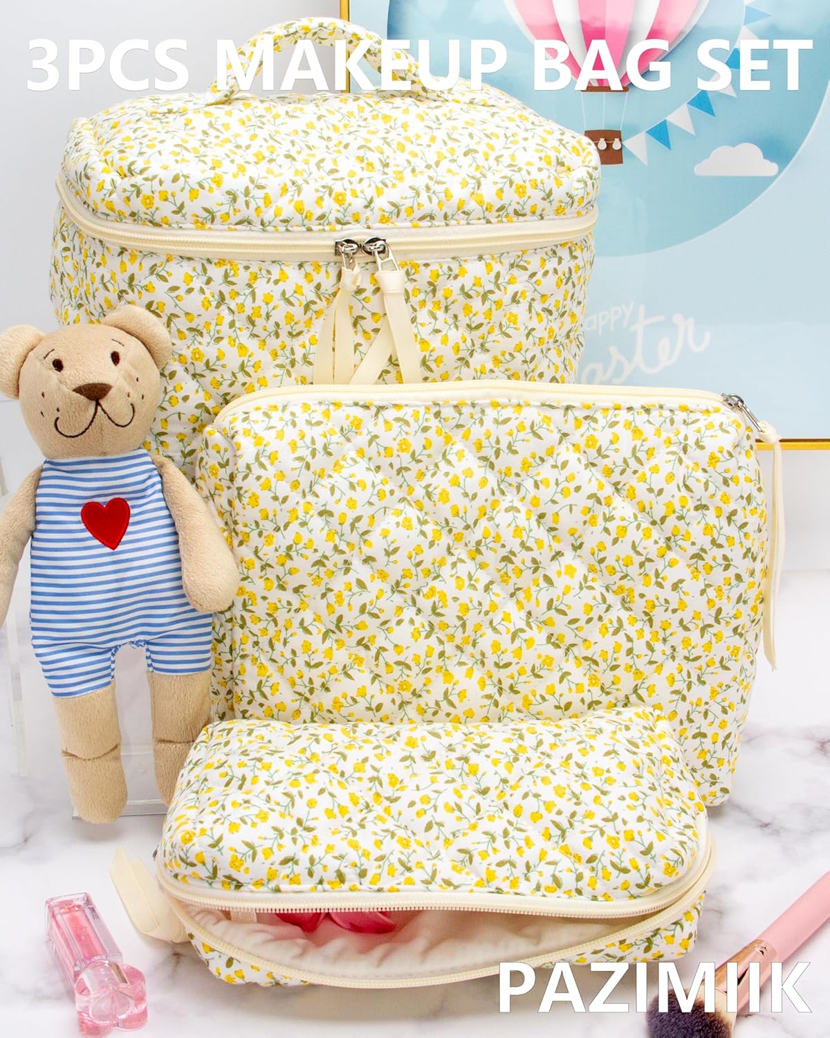 PAZIMIIK 3PCS Makeup Bag SET Large Travel Quilted Zipper Soft Cosmetic Case Pouch for Women Girls Make Up,Floral Yellow