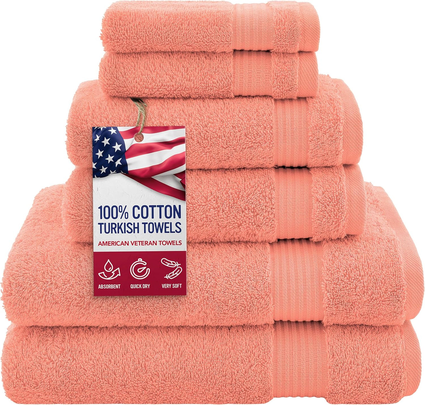 American Veteran Towel, 100% Cotton Turkish 6 Piece Towel Set, Luxury Towels Set of 6 for Bathroom Essentials, 2 Bath Towels 2 Hand Towels 2 Washcloths, Coral