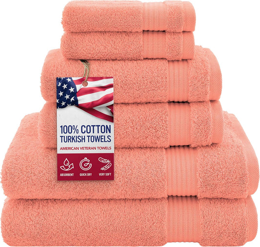 American Veteran Towel, 100% Cotton Turkish 6 Piece Towel Set, Luxury Towels Set of 6 for Bathroom Essentials, 2 Bath Towels 2 Hand Towels 2 Washcloths, Coral