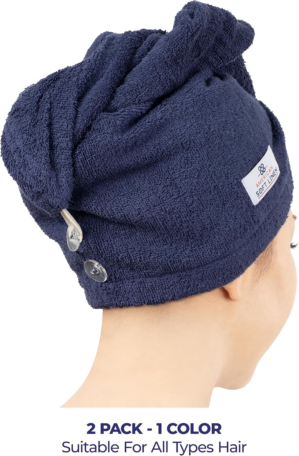 American Soft Linen 100% Cotton Hair Towels for Women, Head Towel Cap, Cotton Hair Turban Towel Wrap for Long Curly Anti Frizz Hair, Soft and Absorbent Cotton Hair Towels 2 Pack, Navy Blue
