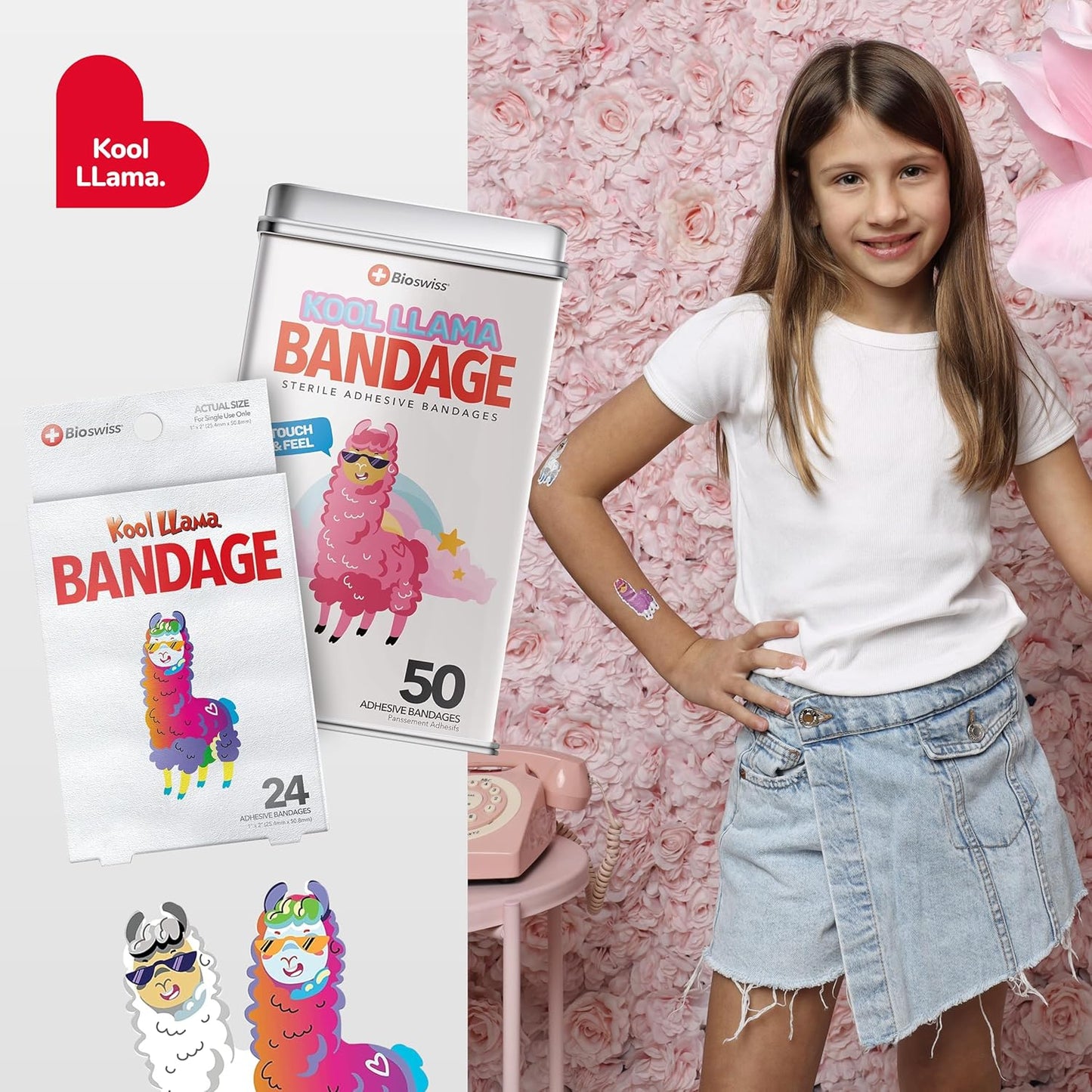 BioSwiss Kids Bandages, Llama Shaped Self Adhesive Bandage Set, Latex Free, Sterile Wound Care, 50 Count