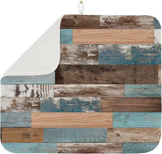 Dish Drying Mat for Kitchen Counter Large 16" x 18" Farmhouse Rustic Wood Absorbent Microfiber Dishes Drainer Rack Mats Pad Reusable Washable