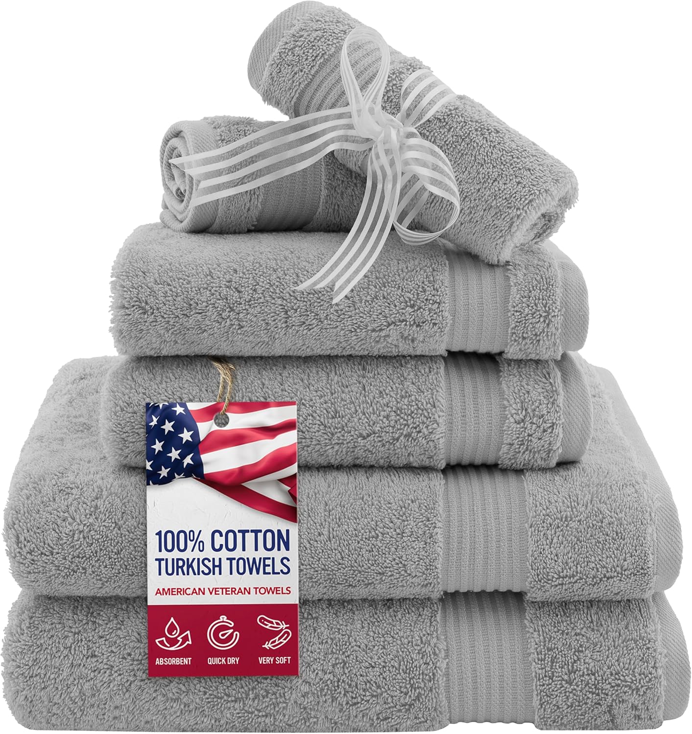 American Veteran Towel, 6 Piece Towel Set for Bathroom, 100% Cotton Turkish Bathroom Towels, 2 Bath Towels 2 Hand Towels 2 Washcloths, Cool Grey