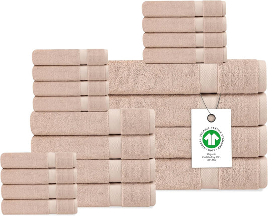 Delara Organic Cotton Luxuriously Plush Bath Towel 20 Piece Set|GOTS & Oeko-TEX Certified|Premium Hotel Quality Towels|Feather Touch Technology|650 GSM Long Staple|Soft, Quick Dry & Ultra-Absorbent