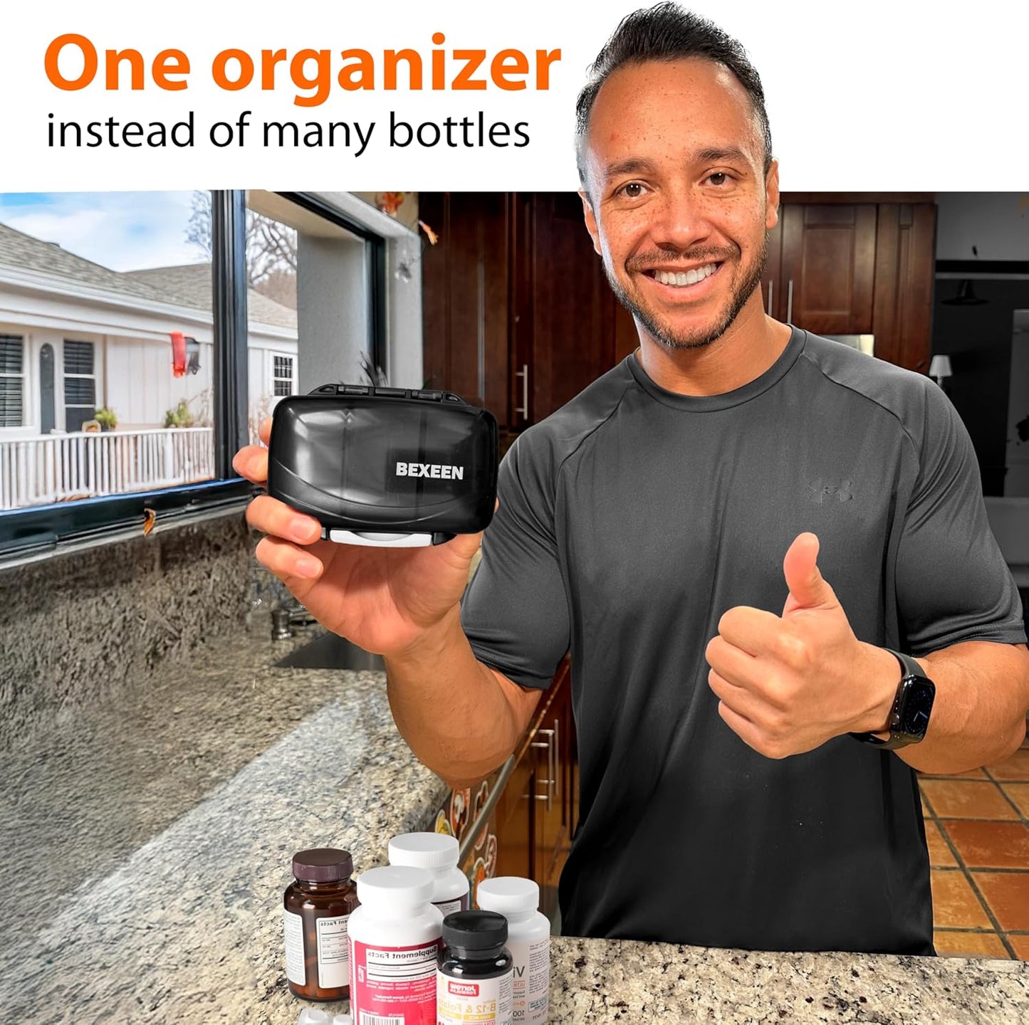 Travel Pill Organizer - Moisture Proof Portable Vitamin Holder with 7 Compartments, Compact Supplement Case for Purse Essential Medicine Kit fot Traveling Pocket Pharmacy with Labels, Black