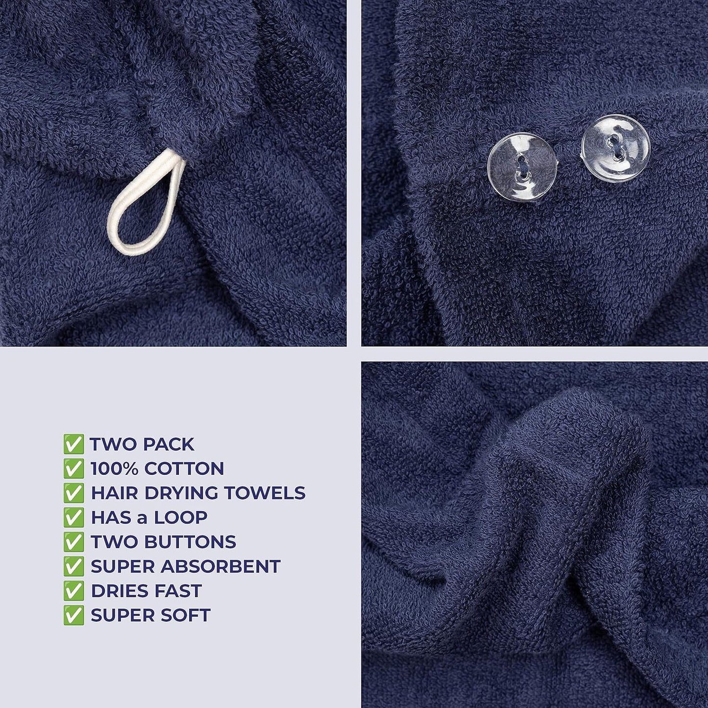 American Soft Linen 100% Cotton Hair Towels for Women, Head Towel Cap, Cotton Hair Turban Towel Wrap for Long Curly Anti Frizz Hair, Soft and Absorbent Cotton Hair Towels 2 Pack, Navy Blue