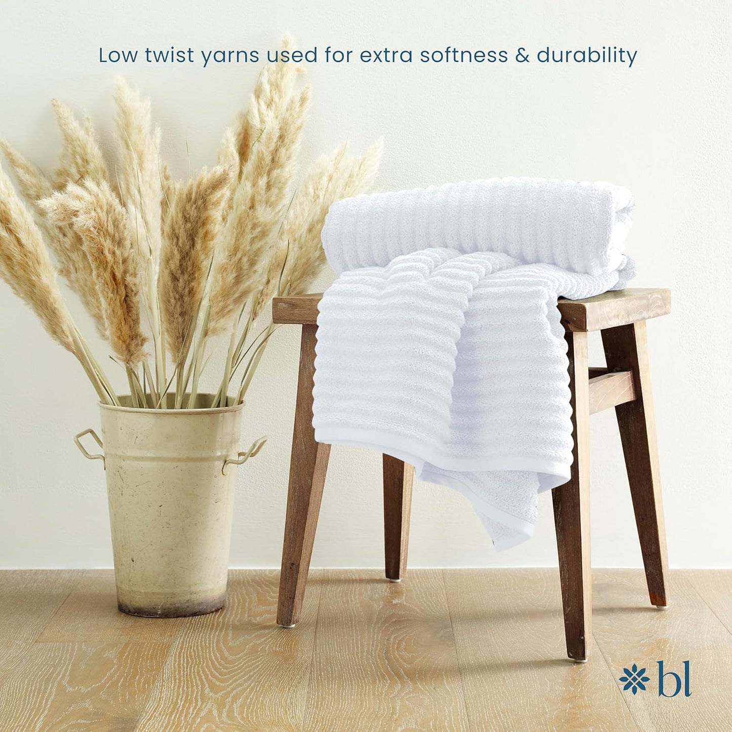 Blue Loom Ribbed Hand 2 Towels Set, 100% Cotton 600GSM, Soft Absorbent Durable Quick Drying for Bathroom - Mason 2 Piece 18" x 30" - White