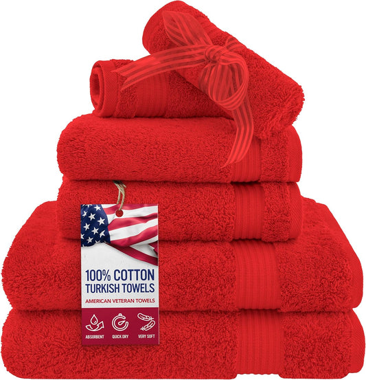 American Veteran Towel, 6 Piece Towel Set for Bathroom, 100% Cotton Turkish Bathroom Towels, 2 Bath Towels 2 Hand Towels 2 Washcloths, Red