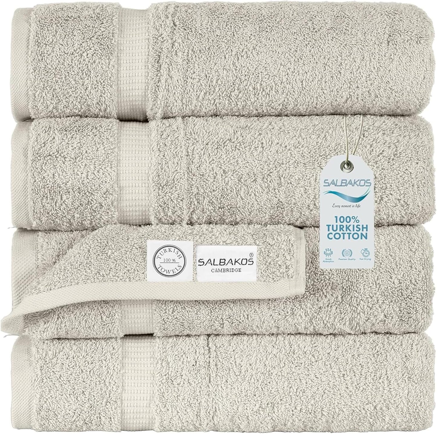 SALBAKOS 100% Turkish Cotton Bath Towel Set of 4 27x54 inch | Heirloom Quality | Hotel & Spa Collection | Ultra Soft, Super Absorbent, Long Lasting Bath Towels | Made in Turkey (Stone, 4 Bath Towels)