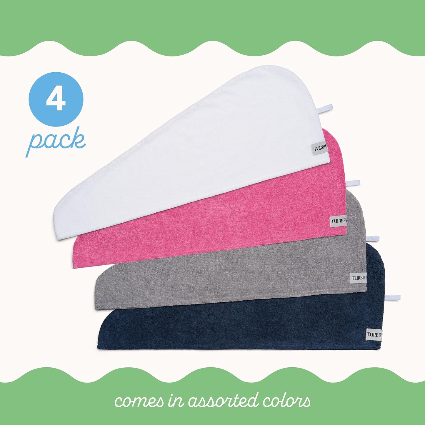 Turbie Twist 4-Pack Microfiber Hair Towel for Beauty, Travel, Gifting - Hair Wrap Turban for Straight, Wavy & Curly Hair - Premium Personal Care - Pink, Blue, Grey & White
