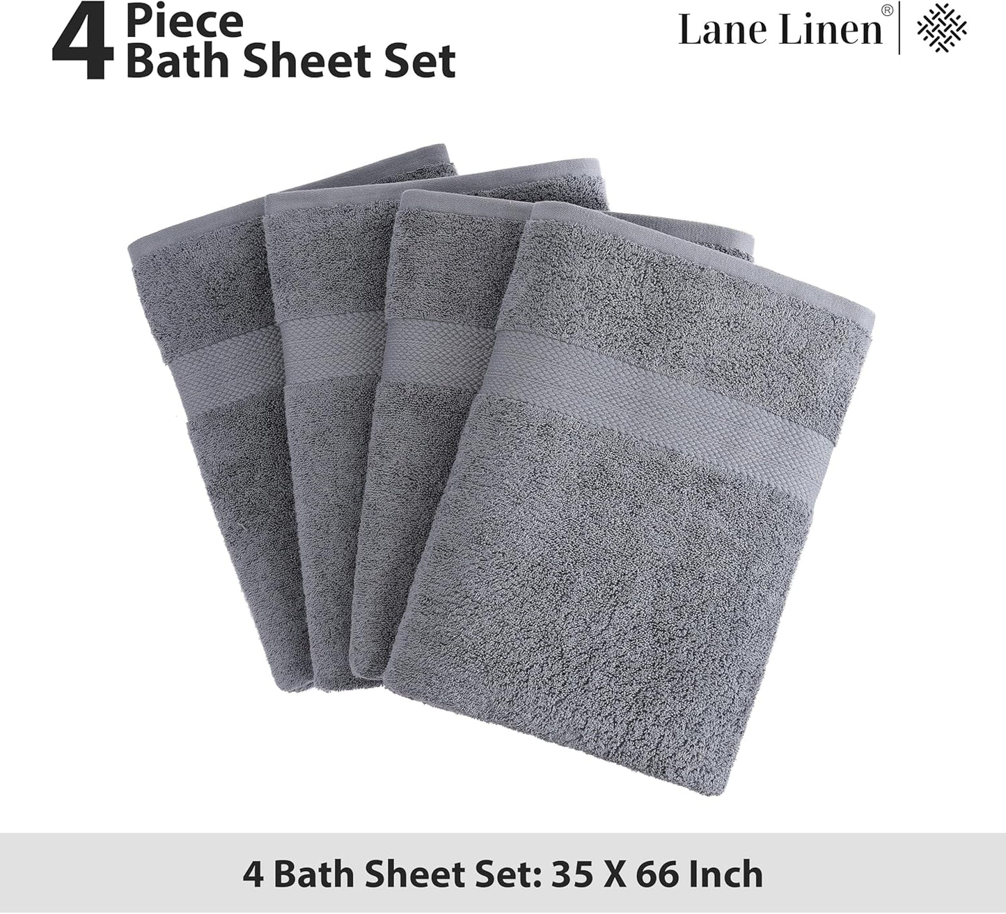LANE LINEN 100% Cotton 4 Pack Bath Sheets (35"x66") - Ring Spun, Extra Large Cotton Bath Towels Set - Quick Dry, Soft & Absorbent Oversized Towel Set - Remains Soft After Multiple Washes - Cool Grey