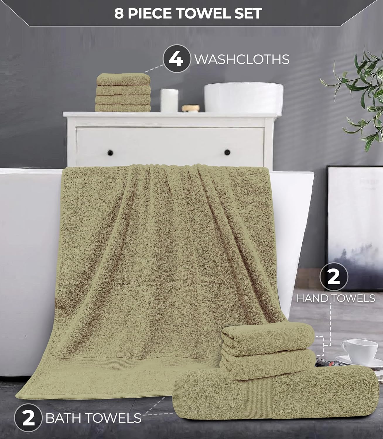Softolle Luxury 8 Piece Towel Set, 2 Bath Towels 2 Hand Towels 4 Washcloths, Towels for Bathroom, Home, Spa & Gym - Highly Absorbent (Sage Green)