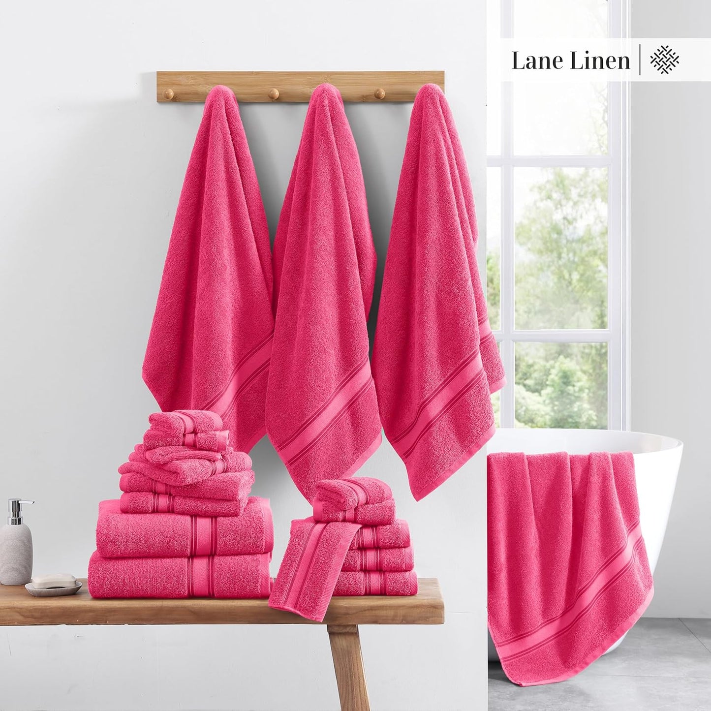 LANE LINEN 100% Cotton Luxury Bathroom Towel Set - 18 Pcs - Zero Twist, Quick Dry, Super Soft & Highly Absorbent - 6 Bath Towels, 6 Washcloths, 6 Hand Towels - Pre Shrunk & Fade Resistant - Fuschia
