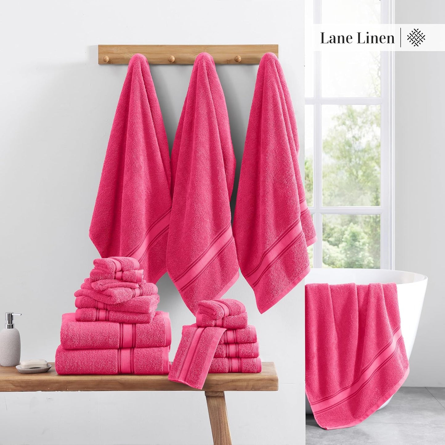 LANE LINEN Luxury Bath Towels Set - 12 Piece (4 Bath Towels, 4 Hand Towels, 4 Washcloths), 100% Cotton, Zero Twist, Super Soft & Extra Absorbent - Fuchsia