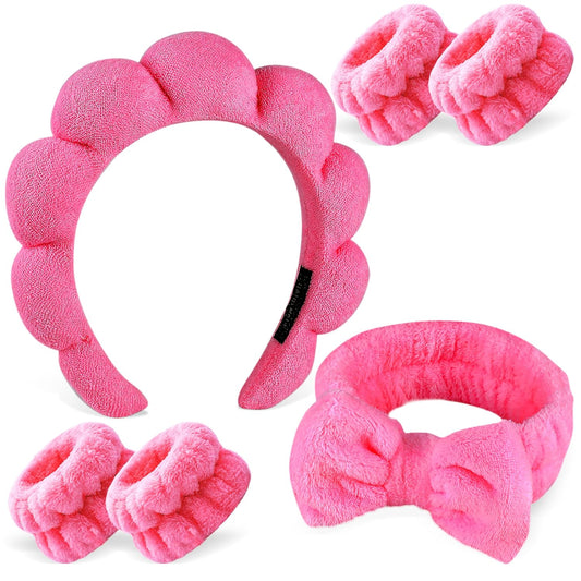 Zkptops 6Pcs Spa Headband for Washing Face Wristbands Set Women Bubble Skincare Makeup Sponge Terry Cloth Padded Puffy Headband Bow Tie Hairband Cute Non Slip Thick Hair Accessory Gifts (Rosy Red)
