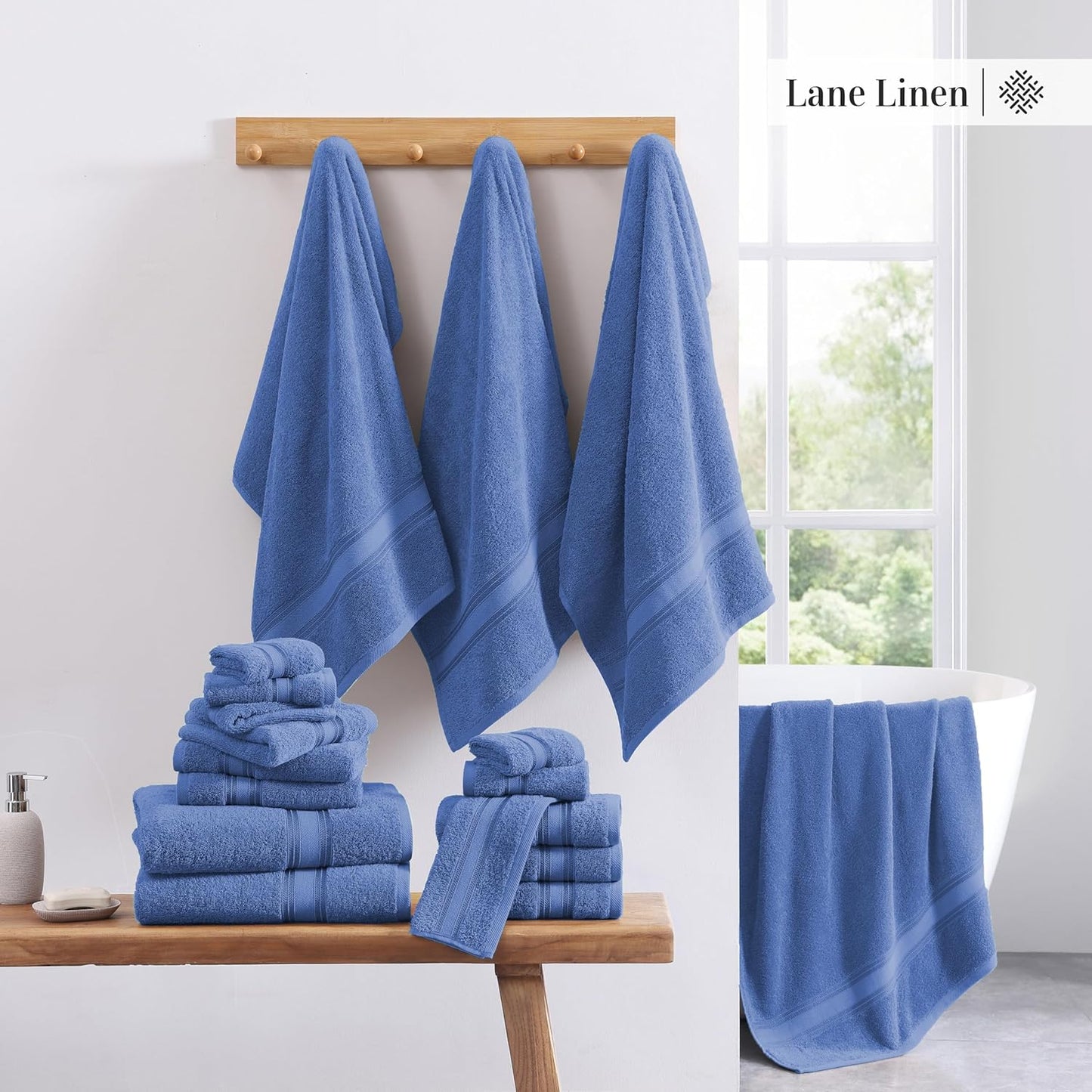 LANE LINEN 100% Cotton Luxury Bath Towel Set - 18 Pieces - Zero Twist, Quick Dry, Super Soft & Highly Absorbent - 6 Bath, 6 Washcloths, 6 Hand Towels for Bathroom - Pre Shrunk - Cerulean Blue
