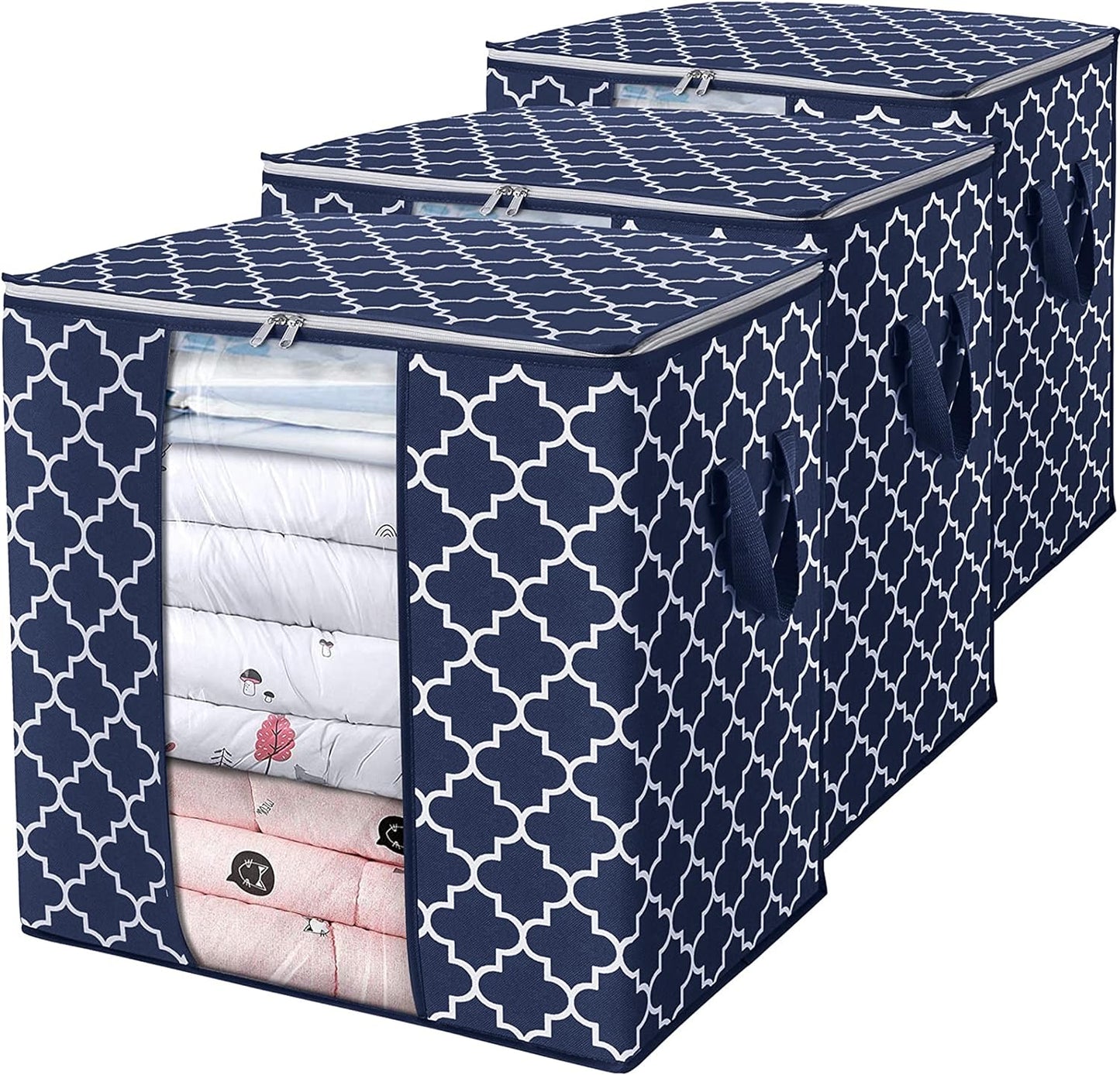 WISELIFE Storage Bags 3 Pack/100L Large Blanket Clothes Organization and Storage Containers for Comforters,Bedding, Foldable Organizer with Reinforced Handle, Clear Window, Sturdy Zippers,Blue