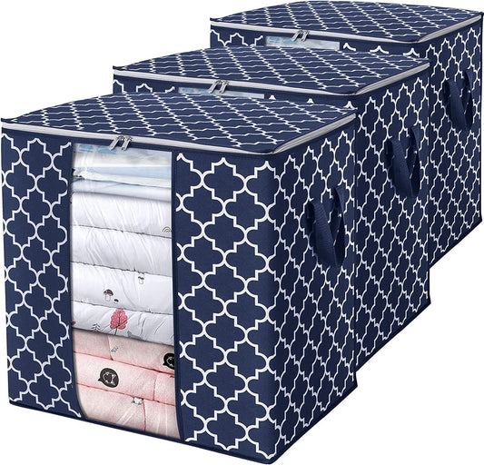 WISELIFE Storage Bags 3 Pack/100L Large Blanket Clothes Organization and Storage Containers for Comforters,Bedding, Foldable Organizer with Reinforced Handle, Clear Window, Sturdy Zippers,Blue