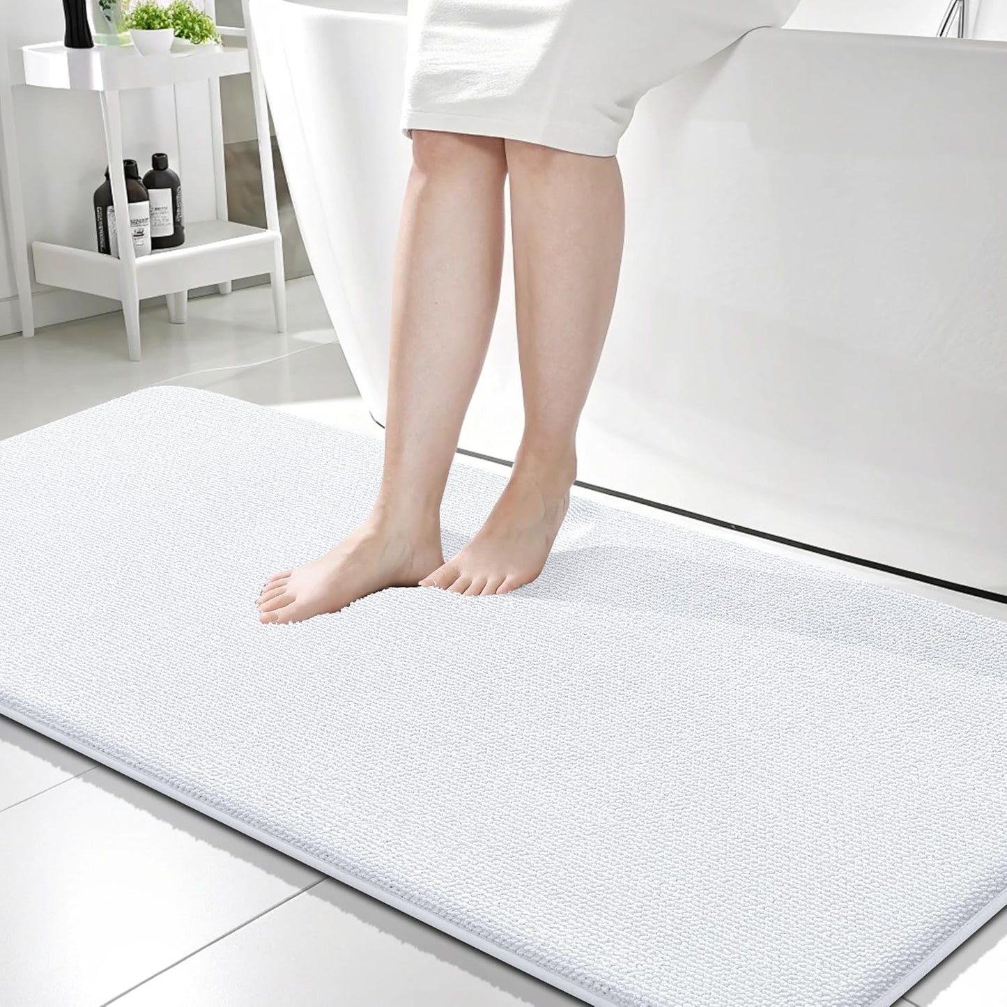 OLANLY Thick Memory Foam Bath Mat Rug 59x24, Extra Soft Absorbent Bathroom Rug, Quick Dry Bath Mats, Non-Slip, Machine Washable Carpet for Bathroom, Tub and Shower, Home Decor Accessories, White