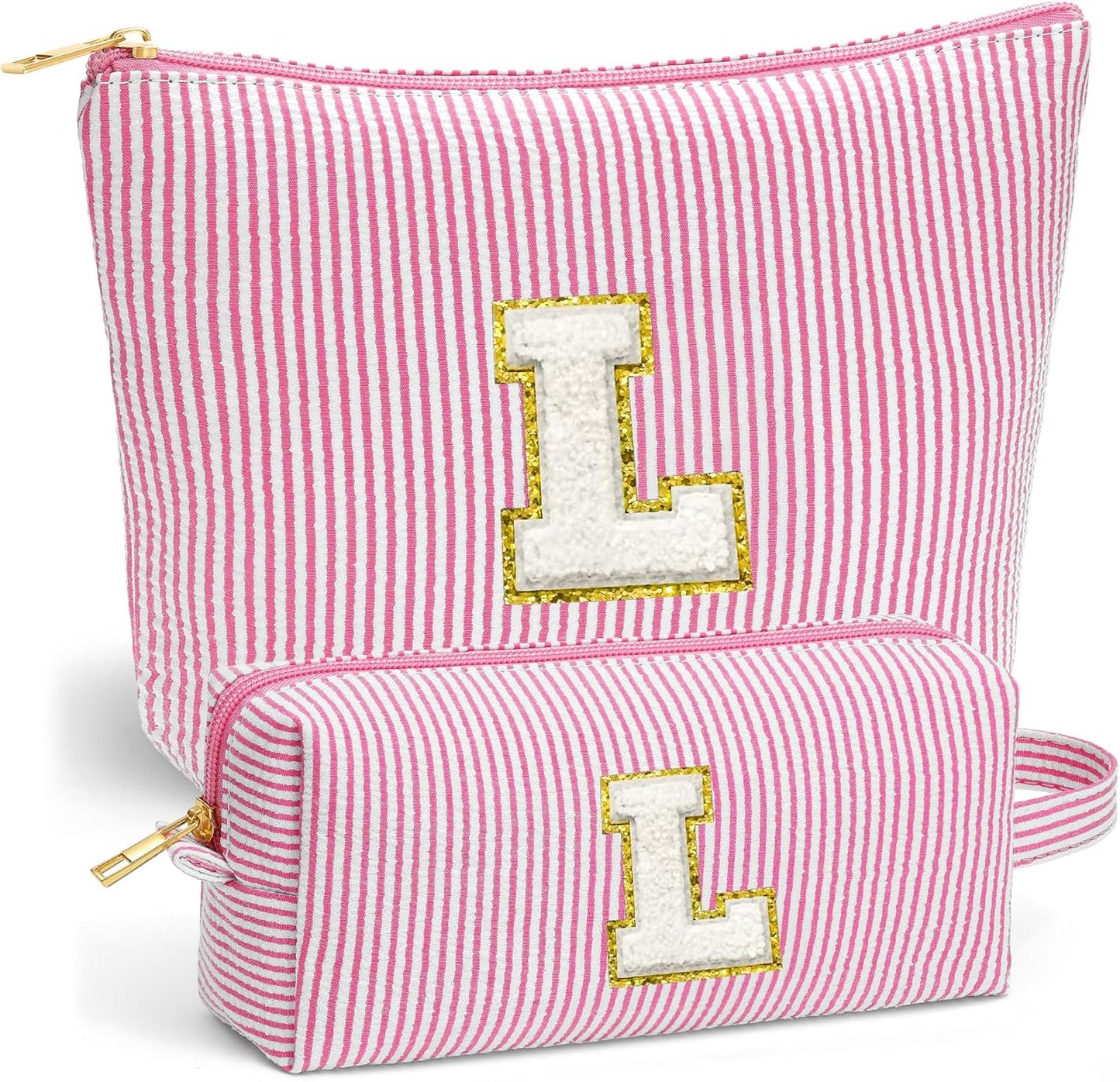 Travel Toiletry and Makeup Bag - Travel Essentials for Women, Pink Initial Makeup Bags for Hair Ties, Clips, Brushes, Sponges, Lipsticks, Blush, Eyelash Curler, Easy to Carry, Pink Letter L