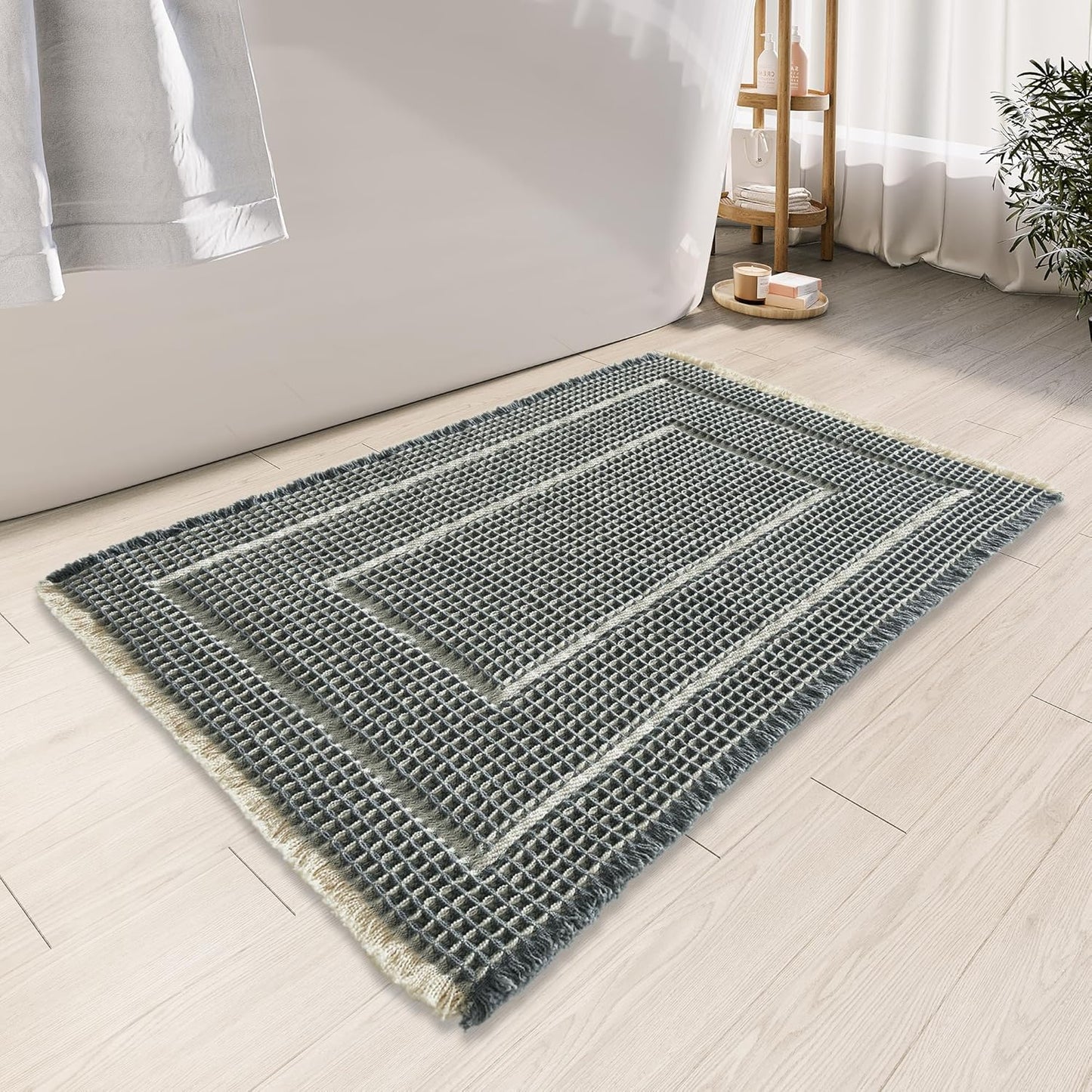 Bathroom Floor Mat,Boho Bathoom Mat,Super Absorbent Bath Rug,Bathroom Rugs Non Slip Washable, Quick Dry Shower Mats, Ultra Soft Bath Mat Towel,Bluish Grey & Yellow,17"*24"