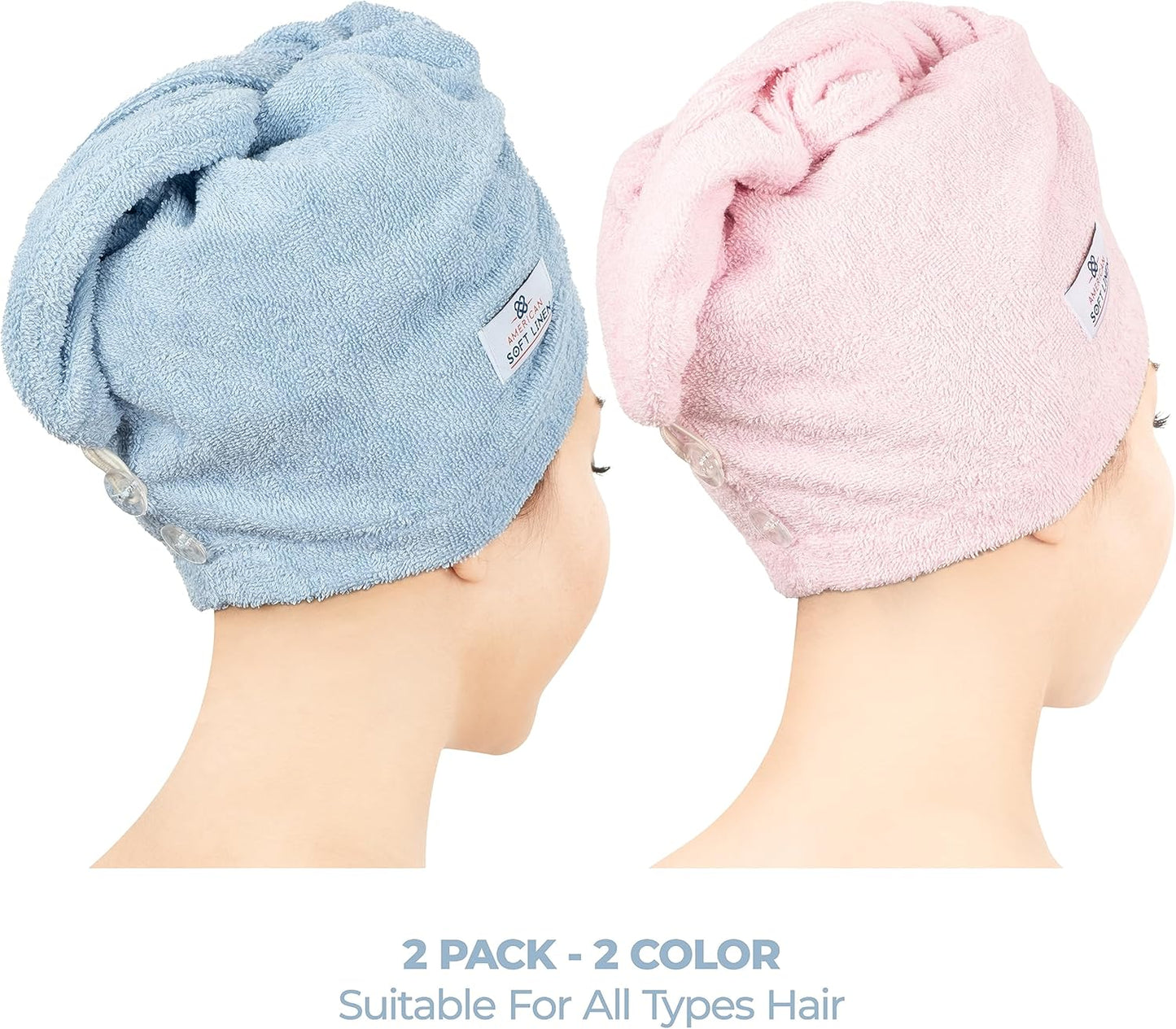 American Soft Linen 100% Cotton Hair Towels for Women, Head Towel Cap, Cotton Hair Turban Towel Wrap for Long Curly Anti Frizz Hair, Soft and Absorbent Cotton Hair Towels 2 Pack, Sky Blue-Pink