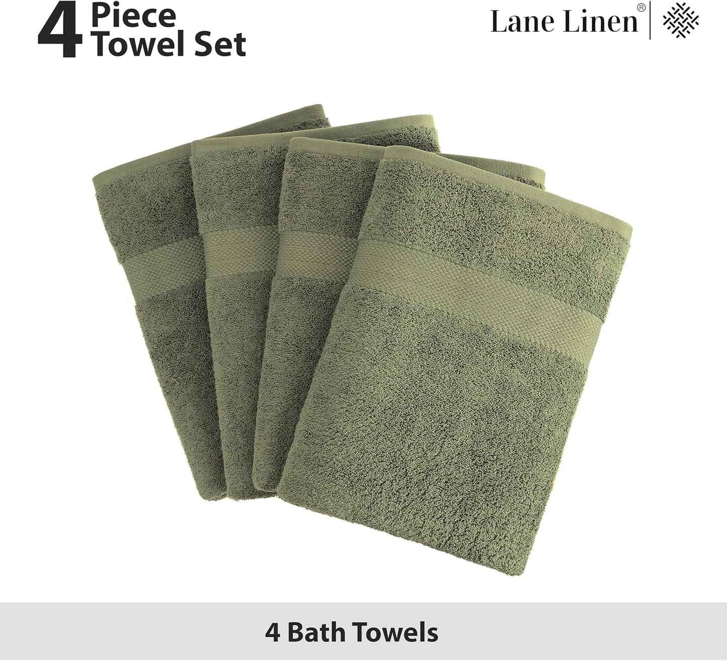 Lane Linen 100% Cotton 4 Pack Bath Towels (28"x54") - Zero Twist, Mercerized Cotton Bathroom Towels Set - Quick Dry, Very Soft & Absorbent Large Bath Towels - Tumble Dry Regains Fluffiness - Oil Green