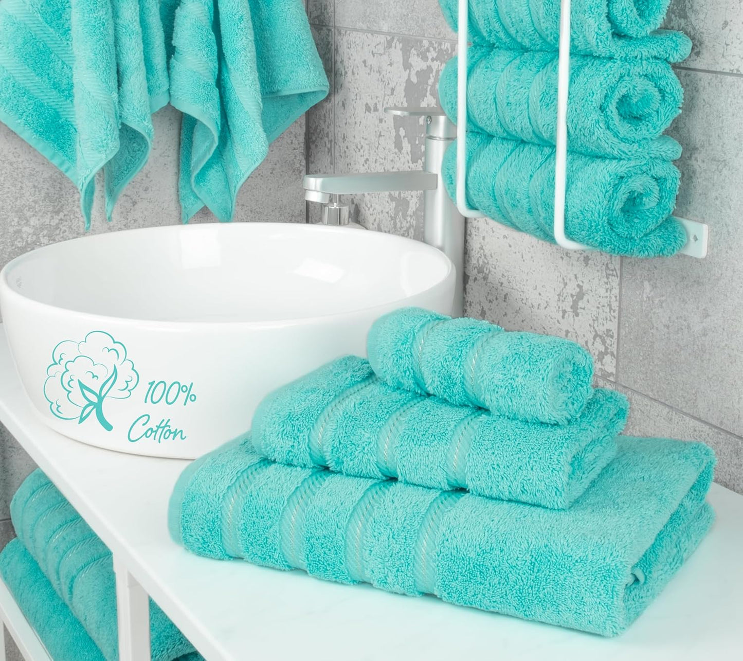 American Soft Linen Premium 3 Piece Towel Set, 1 Bath Towel 1 Hand Towel 1 Washcloth, 600 GSM 100% Cotton Turkish Towels for Bathroom, Turquoise Towel Set