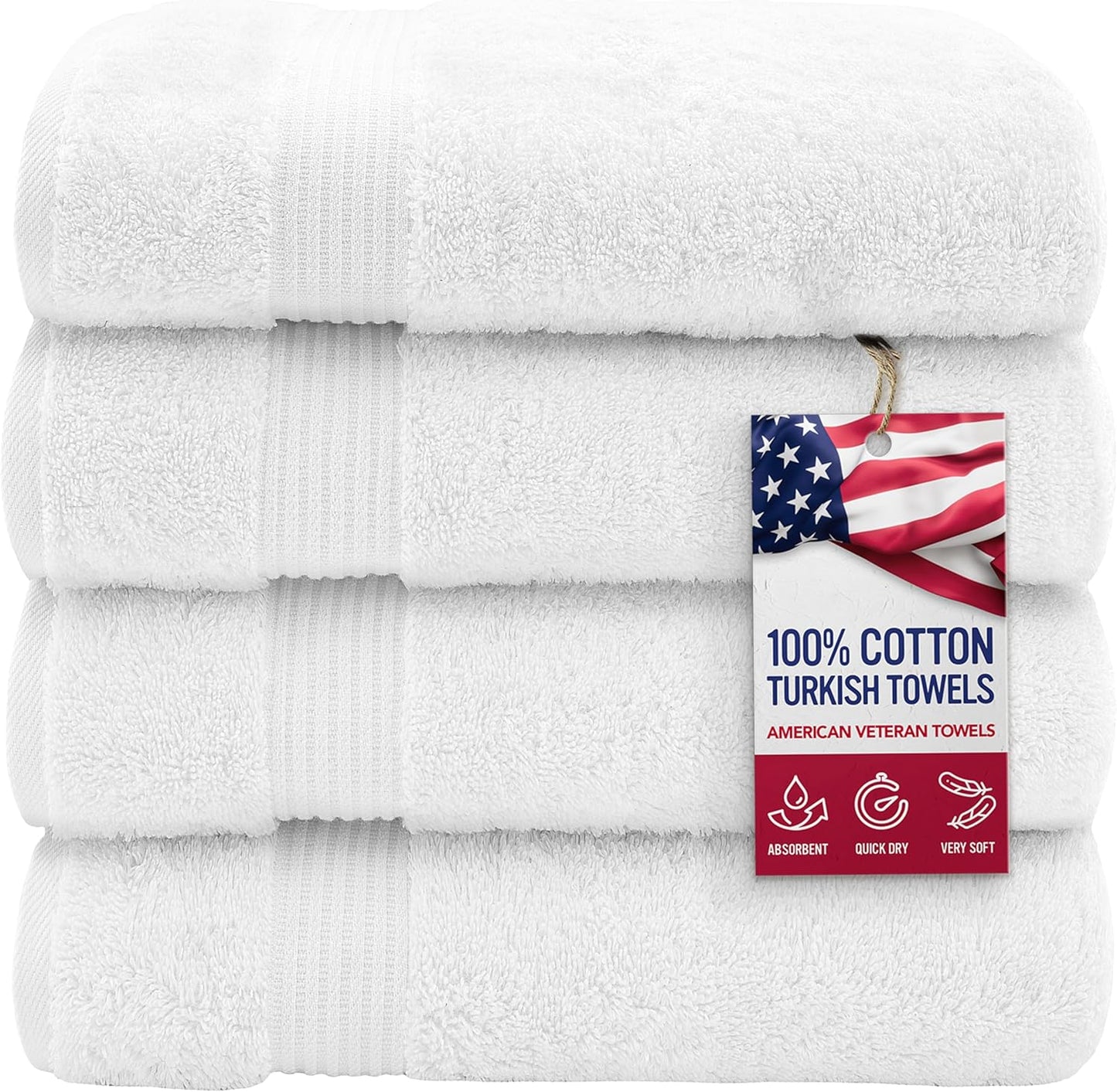 American Veteran Towel, 100% Cotton Turkish Bath Towels for Bathroom 4 Pack, 27x54 Extra Large Premium Soft Drying Bathroom Towels, White