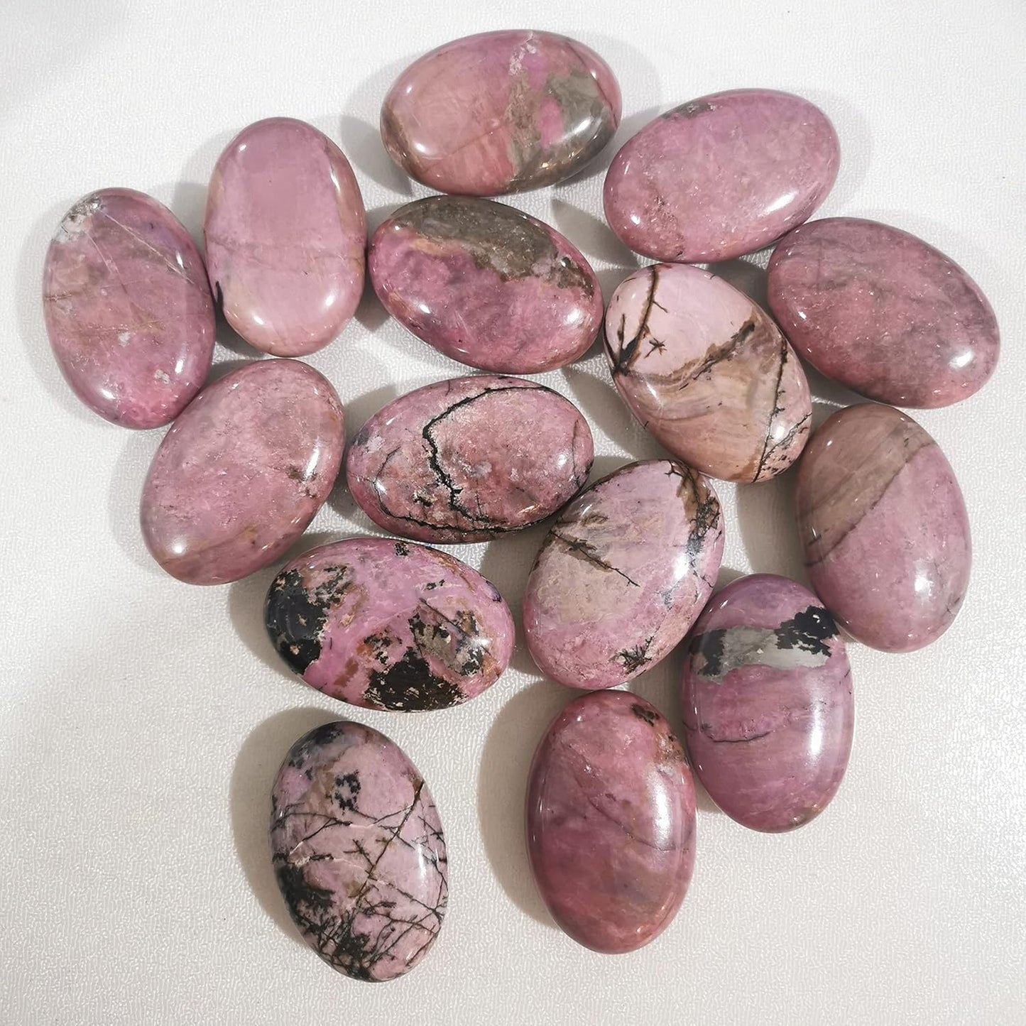 Natural Rhodonite Oval Polished Worry Stones, Healing Crystal Indoor Fountain Stones Massage Energy Anxiety Relief Items